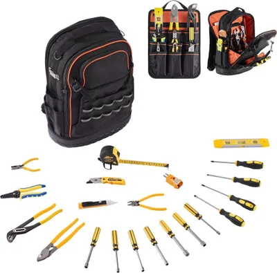 Produktbild von Optimierter Werkzeugrucksack - Backpack mit 65 Taschen und komplettem Werkzeugset - Professionelle Werkzeugtasche für Handwerker und Heimwerker