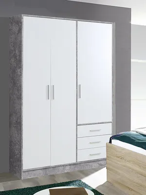 Image de Armoire de chambre à coucher, aspect béton, blanche, 3 portes, 145 cm