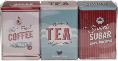 Three rectangular metal tins for coffee, tea, and sugar, with vintage-style labels.