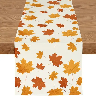 Zdjęcie produktu dla Bieżnik jesienny, wzór liścia klonu, 40x300 cm, kolor pomarańczowy, wykonany z lnu, wodoodporny, można prać