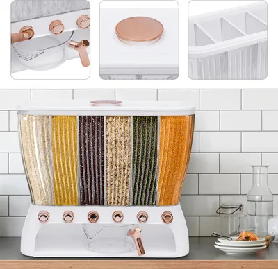 Immagine prodotto di Contenitore per cereali e riso da cucina - 6 scomparti - Capacità 10 kg - Mantiene gli alimenti freschi - PP riutilizzabile - 42×16,5×36 cm - Bianco
