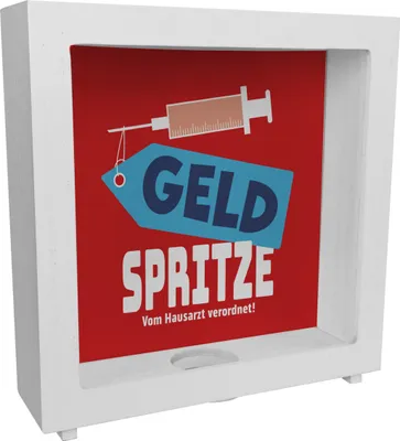 Produktbild von Geldgeschenk Rahmen Spardose aus Holz mit Geldspritze Motiv in {Rot}