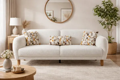 Productafbeelding van Trendige, beige 3-zitsbank. Luxe gestoffeerde bank. Design sofa