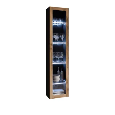 A tall, narrow display cabinet with glass doors and shelves, illuminated by LED lights.