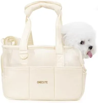 Produktbild von Hundetasche für Klene Hunde, Katzen & Kaninchen – Klappbare Tragetasche mit Sicherheitsverschluss, Belüftungsmesh & Seitentaschen – Praktischer Reise-Carrier (Beige durchlässig,34x16x25 cm)