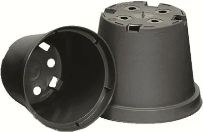 Two black plastic plant pots are shown against a white background. One pot is upright and viewed from the side, while the other is tilted and viewed from the inside.