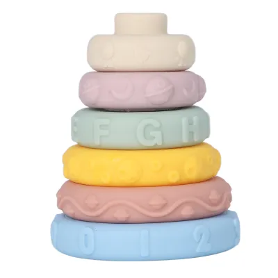 Image de lot de 6 anneaux sensoriels à empiler pour bébés, éducatifs, grinçants, différentes formes, jouets souples à empiler pour enfants