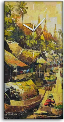 Produktbild von Wanduhr Bürouhr Leinwand Bild 30x60 Gemälde Fluss Boote Dorf Bäume Himmel - weiße Hände