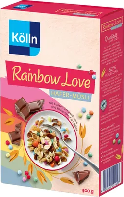 A product box for Kölln Rainbow Love Hafer-Müsli.