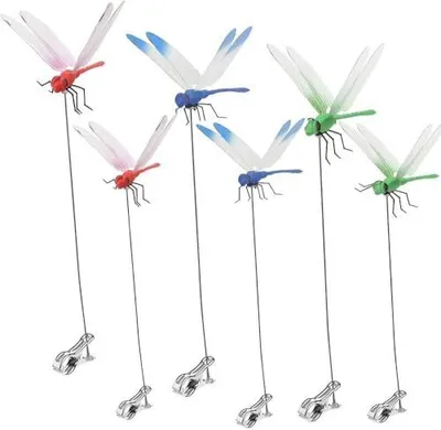 Produktbild von 6 Stück Libellen Clip,3D Libellen Gartenstecker,Dragonfly Garten Pfähle,Fliegenschreck,Kolibri Pfähle,Hirsch und Pferdefliegenschreck,Gartenvögel und Fliegen,Abschreckgeräte für drinnen und draußen