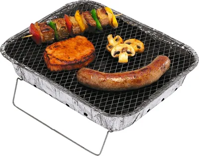 A disposable grill with food on it.