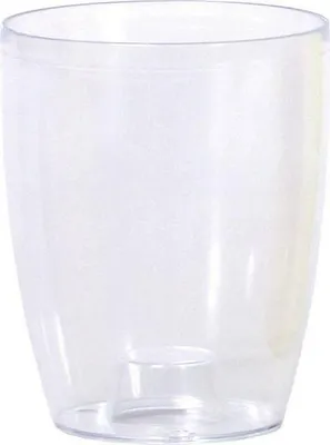 A clear plastic plant pot with a raised inner base.