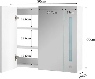 Image de CLIPOP armoire de toilette avec éclairage pour salle de bain, avec étagères réglables, 2 portes, blanc