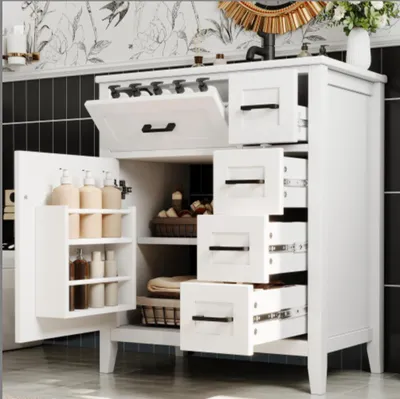 Obrázek produktu pro Umyvadlová skříňka s keramickým umyvadlem 76 x 46 x 90 cm, bílá, 4 zásuvky, police, lakovaný povrch, černé úchytky, volně stojící
