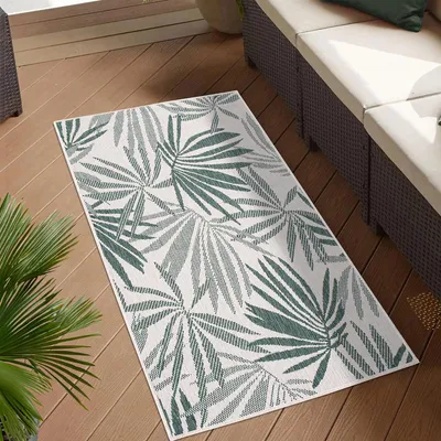 Produktbild von Teppich Outdoor Wetterfest - Grün, Creme - Wendeteppich - 80x150 cm - Florales Muster