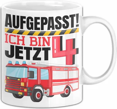 Produktbild von 4. Geburtstag Geschenk Tasse Becher Jungs Feuerwehr Aufgepasst Ich Bin Jetzt 4 (Weiß)
