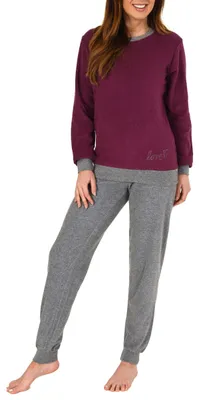 Produktbild von Damen langarm Frottee Pyjama Schlafanzug mit Bündchen und Zierspruch und Herzmotiv ; beere , 48/50