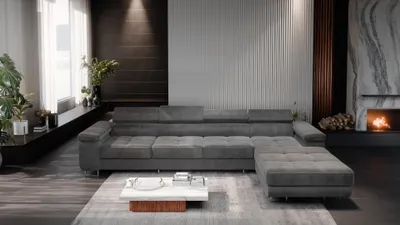 A modern living room with a large sectional sofa.