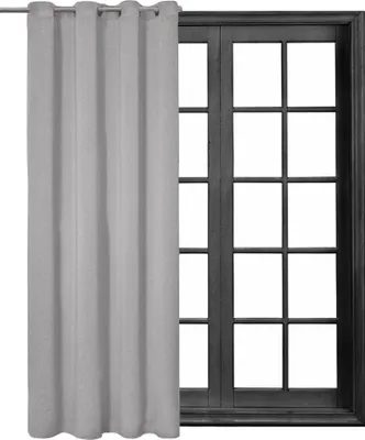 A light gray curtain is shown hanging on the left side of a dark-framed window with multiple panes.