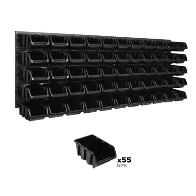 Produktbild von Lagersystem Wandregal 1152 x 390 mm | 55 stck. Box | Stapelboxen Schüttenregal Sichtlagerkästen | Extra Starke Wandplatten | Regal Erweiterbar | Werkstattregal Lagerregal Werkstattwandregal Steckregal