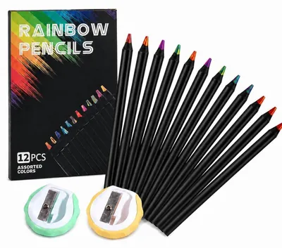 Produktbild von 14-teiliges Regenbogenstifte Set mit 2 Spitzern | 12 Buntstifte mit mehrfarbiger Mine | Holzschaft