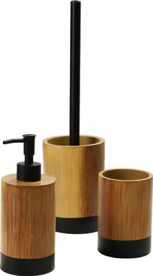 Produktbild von KADAX Badezimmer-Set "Laon", Seifenspender, Zahnputzbecher und WC-Bürste in Holzoptik, Badezimmeraufbewahrung, Braun