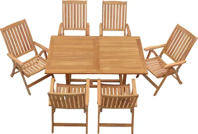 Produktbild von Garten-Essgruppen Exklusive Teak Sitzgruppe aus 6 Hochlehnern und 1 eckigen Ausziehtisch edles Set aus Teak-Gartenmöbeln mit Auszugstisch