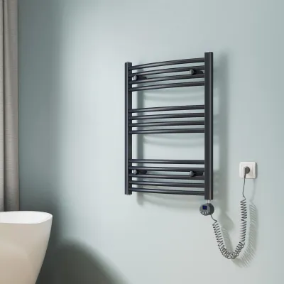 Image de EMKE Sèche-serviettes électrique 75 x 60 cm 300 W anthracite courbé Radiateur de salle de bain classique électrique Thermostat Radiateur sèche-serviettes