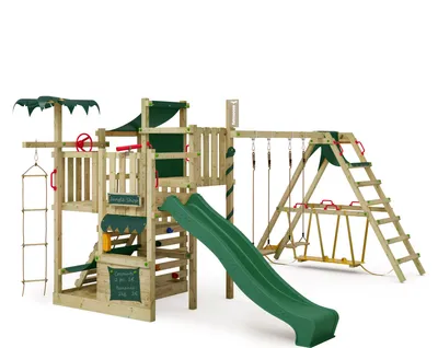 Image de FATMOOSE Tour d'escalade CrazyCoconut avec balançoire & toboggan, jeu de jardin avec SurfSwing, échelle & accessoires de jeu - vert