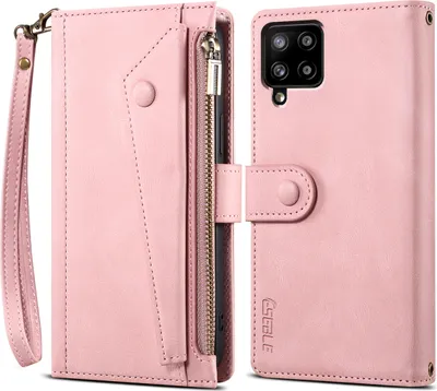 Produktbild von Schutzhülle für Samsung Galaxy A42 5G Reißverschluss Hülle, Leder Klapphülle Kartenfach Standfunktion Brieftasche mit Trageband Rosa