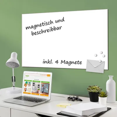 Produktbild von banjado Glas Magnettafel 60 x 40 cm Magnetwand mit 4 Magneten weiß Memoboard beschreibbar [MTGQ1-0024]