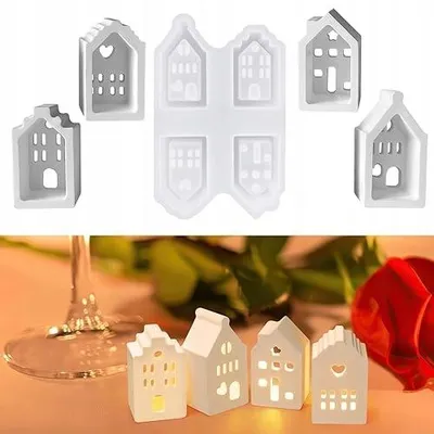 Produktbild von 4 Silikonformen Mini Häuser DIY Gips Harz Bastelset