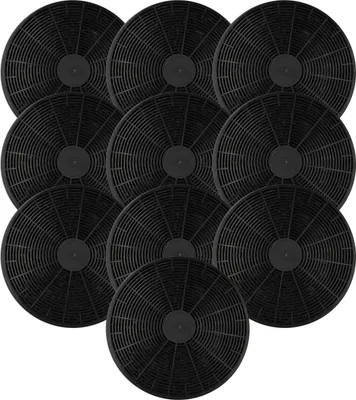 A collection of round charcoal filters arranged in a grid.