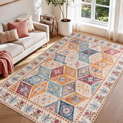 Vintage-Teppich 160x230 cm, Retro-Diamantmuster, maschinenwaschbar, rutschfest
