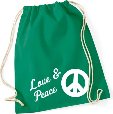 Produktbild von Huuraa Turnbeutel Love & Peace 12 Liter Kelly Green Baumwolle Rucksack Geschenkidee