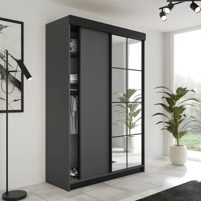 Produktbild von KIER FURNITURE Schiebegarderobe mit Spiegel, Graphit - 138x205x59cm