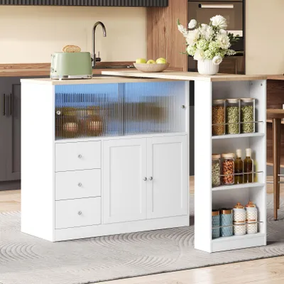 Obrázek produktu pro Kuchyňský ostrůvek s úložným prostorem, rozměry 172x40x96 cm, vyrobený z MDF v bílé barvě s dekorativním povrchem imitujícím přírodní dřevo, s otočnou pracovní deskou o 360° vhodný do kuchyně i jídelny
