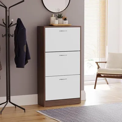 Immagine prodotto di Scarpiera con 3 ante | 118 H x 60 B x 24 T cm | Noce/Bianco | Armadietto per scarpe salvaspazio, ideale per un massimo di 15 paia di scarpe | Dotato di sistema di sicurezza anti-ribaltamento | Mobile per l'ingresso