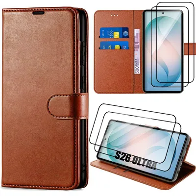 Image de Coque + 2 Verres Trempés pour Samsung Galaxy S26 Ultra, Protection Cuir Synthétique Anti-Rayures Marron