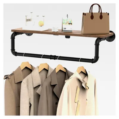 Produktbild von Kleiderstange mit Ablage zur Wandmontage, Tragfähigkeit 50 kg, Offener Kleiderschrank, Garderobenstange für Schlafzimmer, Badezimmer, Innenbereich, Schwarz
