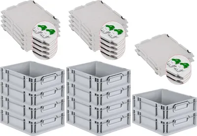 Produktbild von SuperSparSet 10x Eurobox NextGen Grip mit Scharnierdeckel und grünen Schiebeschnappverschlüssen | HxBxT 12x30x40cm | 11 Liter | Grau | Griffe geschlossen | Glatter Boden | Eurobehälter, Transportbox, Transportbehälter, Stapelbehälter
