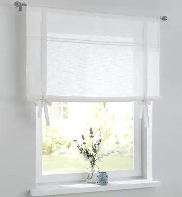 Produktbild von Vicky weißes Raffrollo Raffgardine Leinenoptik mit Hohlsaum-Spitze, Tunnelzug, Landhaus-Gardine Küche, Bindegardine, Breite 120 cm x Höhe 100 cm