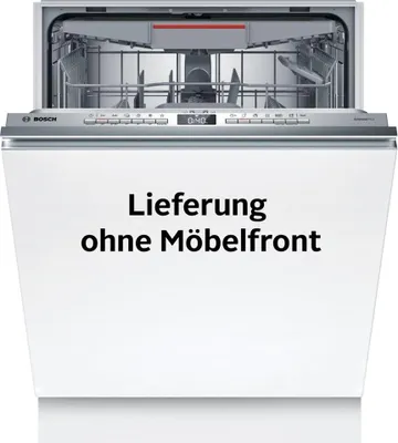A white Bosch dishwasher with its door open, showing the interior racks and spray arms. Text is overlaid on the front door.
