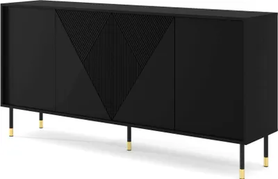 A black sideboard with a geometric patterned front and gold-tipped legs, presented on a white background.