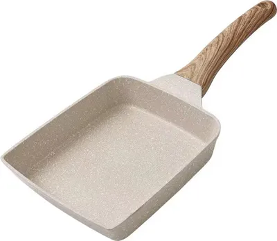 A rectangular non-stick frying pan with a wooden handle, presented on a white background.