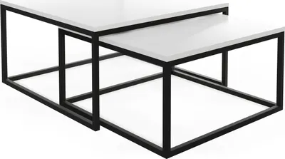 Produktbild von Rechteckige Quadratische Satztische Couchtische mit Schwarz Gestell - Loft Style Couchtische Metallbeine - 2 in 1 - Zwei Industrielle Getrennte Tische für Wohnzimmer - Weiß