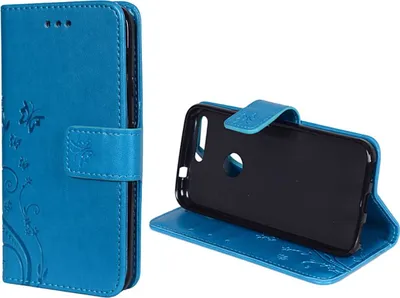 A blue flip phone case with a butterfly and floral design is shown from two angles.