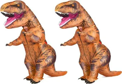 Two inflatable T-Rex costumes shown side-by-side against a white background.