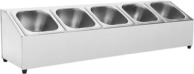 Immagine prodotto di Contenitore per ingredienti in acciaio inossidabile, 5 vaschette GN 1/6, con piedini in gomma, dimensioni 86*22,5*22 cm. Contenitore per ingredienti per cocktail, ideale per bar, lavabile in lavastoviglie, adatto per ristorazione, cucina, postazioni pizza, buffet e insalate