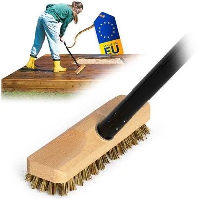 Productafbeelding van Houten borstel met draadborstelharen en handgreep met schroefdraad, vier delen, vloerschrobborstel, ideaal voor het reinigen van balkon, terras, tuin, binnen en buiten